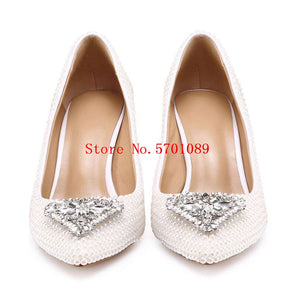 80mm High Heel Shoes Peach Heart Glass Drill Pearls Pointed-toe Stiletto Heel Bridal Shoes Bridesmaid Wedding Pumps 35-41