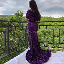 Load image into Gallery viewer, Eightale Sequin Evening Dresses Mermaid Prom Gowns Cap Sleeves Plus Size Mother of the Bride Purple Long Formal Party dresses