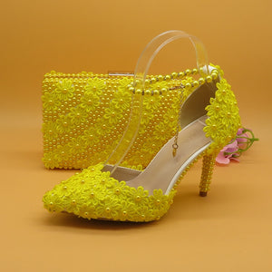 7cm/9cm Yellow Flower Wedding Shoes With Matching Bags High Heels Pointed Toe Ankle Strap Ladies Party shoe and bag set