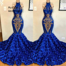 Load image into Gallery viewer, Glitter Royal Blue Mermaid Prom Dresses African Black Girls Plus Size Evening Gowns With 3D Floral Sexy Halter Formal Party Gown