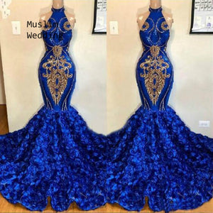 Glitter Royal Blue Mermaid Prom Dresses African Black Girls Plus Size Evening Gowns With 3D Floral Sexy Halter Formal Party Gown