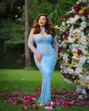 Load image into Gallery viewer, Blue Mermaid Plus Size Evening Gowns Long Sleeves Lace Beaded Aso Ebi Style Women Prom Party Outfit Custom Made