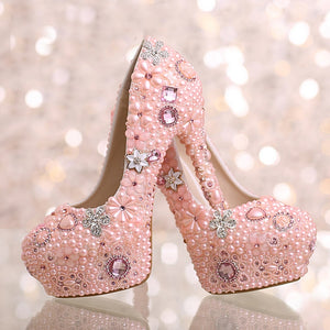 Pink Pearl Rhinestone Flower Platforms Dancing Party Shoes Pearl Wedding Bridal Dress Shoes Graduation Prom Heels Women Shoes