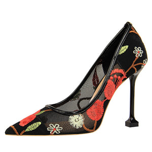 2021 Women 10cm High Heels Sexy Pointed Toe Blue Heels Pumps Valentine Embroider Air Mesh Scarpins Wedding Bridal Quality Shoes