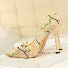 Load image into Gallery viewer, 2021 Women 10cm High Heels Sexy Pointed Toe Blue Heels Pumps Valentine Embroider Air Mesh Scarpins Wedding Bridal Quality Shoes
