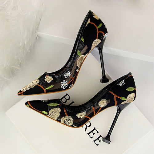 2021 Women 10cm High Heels Sexy Pointed Toe Blue Heels Pumps Valentine Embroider Air Mesh Scarpins Wedding Bridal Quality Shoes