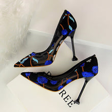 Load image into Gallery viewer, 2021 Women 10cm High Heels Sexy Pointed Toe Blue Heels Pumps Valentine Embroider Air Mesh Scarpins Wedding Bridal Quality Shoes