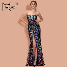 Load image into Gallery viewer, Missord Women Sexy Strapless Sequin Multi Evening Party Dress Off Shoulder Elegant Summer High Split Maxi Long Prom Dresses Pink