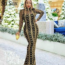 Load image into Gallery viewer, Sequins Party Dress Bandage Bodycon Maxi Robe Stande Collar Lone Sleeve Zipper Perspective Fishtail Long Dress African Clothes