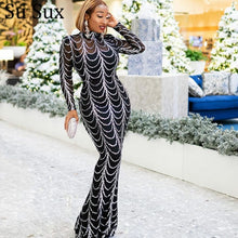 Load image into Gallery viewer, Sequins Party Dress Bandage Bodycon Maxi Robe Stande Collar Lone Sleeve Zipper Perspective Fishtail Long Dress African Clothes