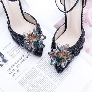 BaoYaFang 2019 NEW ARRIVE Silver Crystal Wedding shoes Woman Thin heel pointed toe Bridal Party dress shoe big size