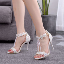 Load image into Gallery viewer, Crystal Queen Women Sandals White Lace Flowers Pearl Tassel Bridal 9cm Heel Fine High Heels Slender Bridal Pumps Wedding Shoes