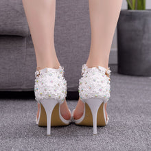 Load image into Gallery viewer, Crystal Queen Women Sandals White Lace Flowers Pearl Tassel Bridal 9cm Heel Fine High Heels Slender Bridal Pumps Wedding Shoes