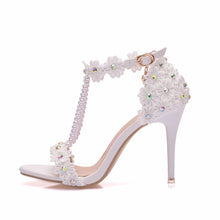 Load image into Gallery viewer, Crystal Queen Women Sandals White Lace Flowers Pearl Tassel Bridal 9cm Heel Fine High Heels Slender Bridal Pumps Wedding Shoes