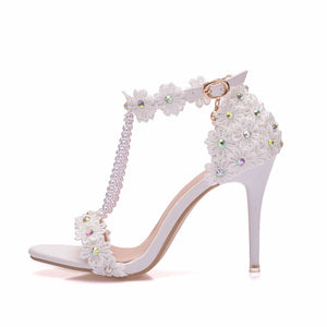 Crystal Queen Women Sandals White Lace Flowers Pearl Tassel Bridal 9cm Heel Fine High Heels Slender Bridal Pumps Wedding Shoes