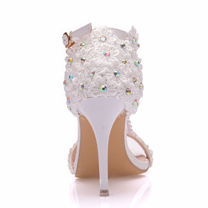 Crystal Queen Women Sandals White Lace Flowers Pearl Tassel Bridal 9cm Heel Fine High Heels Slender Bridal Pumps Wedding Shoes