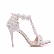 Load image into Gallery viewer, Crystal Queen Women Sandals White Lace Flowers Pearl Tassel Bridal 9cm Heel Fine High Heels Slender Bridal Pumps Wedding Shoes