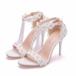 Crystal Queen Women Sandals White Lace Flowers Pearl Tassel Bridal 9cm Heel Fine High Heels Slender Bridal Pumps Wedding Shoes