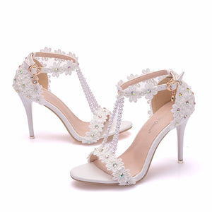 Crystal Queen Women Sandals White Lace Flowers Pearl Tassel Bridal 9cm Heel Fine High Heels Slender Bridal Pumps Wedding Shoes