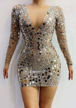 Load image into Gallery viewer, Women New Sparkly Sequined Long Sleeve Sexy Short Dress Rhinestones Birthday Celebrate Party Dress Mesh Transparent Club Dress