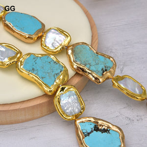 GG Jewelry Natural Cultured White Keshi Pearl Blue Turquoises Nugget Gold Color Plated Necklace 20" Lady Jewelry