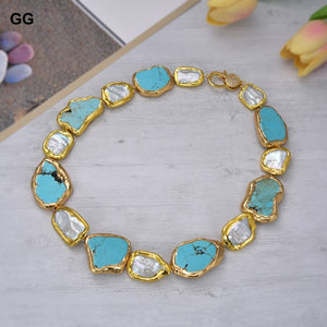 GG Jewelry Natural Cultured White Keshi Pearl Blue Turquoises Nugget Gold Color Plated Necklace 20" Lady Jewelry