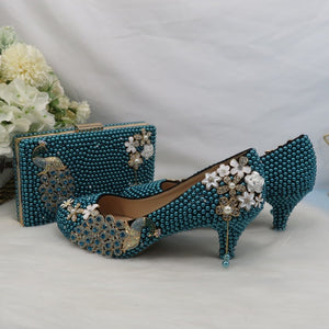 BaoYaFang Teal Blue Pearl wedding shoes with matching bags bride High heels platform shoes Round Toe green blue Shoe and Bag Set