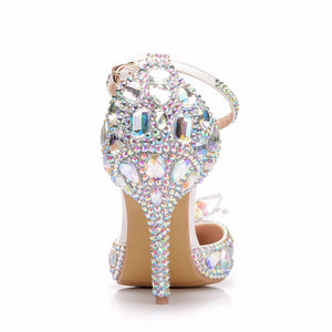 Crystal Queen European Wedding Shoes Female White Drill Rhinestone Crystal Sandals Stiletto Pointed  Bridal Shoes High Heels