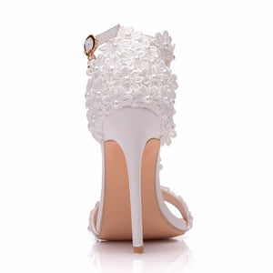 Crystal Queen Women Ankle Strap Sandals White Lace Flowers Pearl Tassel  Super Heel Fine High Heels Slender Bridal Wedding Shoes