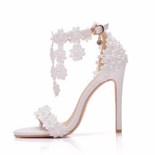 Load image into Gallery viewer, Crystal Queen Women Ankle Strap Sandals White Lace Flowers Pearl Tassel  Super Heel Fine High Heels Slender Bridal Wedding Shoes