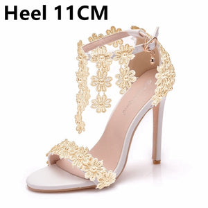 Crystal Queen Women Ankle Strap Sandals White Lace Flowers Pearl Tassel  Super Heel Fine High Heels Slender Bridal Wedding Shoes