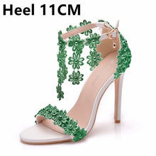 Load image into Gallery viewer, Crystal Queen Women Ankle Strap Sandals White Lace Flowers Pearl Tassel  Super Heel Fine High Heels Slender Bridal Wedding Shoes