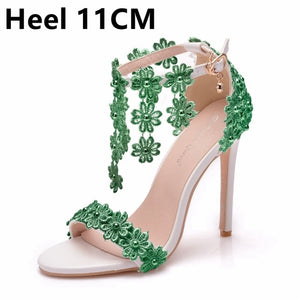 Crystal Queen Women Ankle Strap Sandals White Lace Flowers Pearl Tassel  Super Heel Fine High Heels Slender Bridal Wedding Shoes