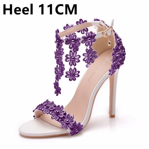 Crystal Queen Women Ankle Strap Sandals White Lace Flowers Pearl Tassel  Super Heel Fine High Heels Slender Bridal Wedding Shoes