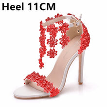 Load image into Gallery viewer, Crystal Queen Women Ankle Strap Sandals White Lace Flowers Pearl Tassel  Super Heel Fine High Heels Slender Bridal Wedding Shoes