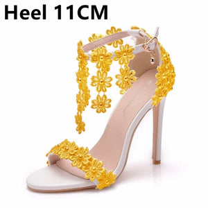 Crystal Queen Women Ankle Strap Sandals White Lace Flowers Pearl Tassel  Super Heel Fine High Heels Slender Bridal Wedding Shoes