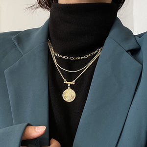 Layered Choker Necklace Gold Plated Coin Pendant Necklace Multilayer Disc Necklace Chunky Paperclip Link Chain Layering Necklace