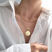 Load image into Gallery viewer, Layered Choker Necklace Gold Plated Coin Pendant Necklace Multilayer Disc Necklace Chunky Paperclip Link Chain Layering Necklace