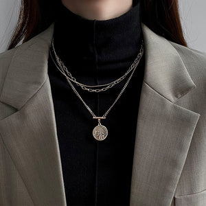 Layered Choker Necklace Gold Plated Coin Pendant Necklace Multilayer Disc Necklace Chunky Paperclip Link Chain Layering Necklace