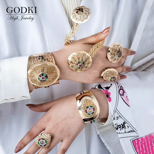 GODKI New Charms 4PCS Bracelet Ring Necklace Earring Set For Women Wedding Bridal Zircon African/Indian/Dubai Bridal Jewelry Set