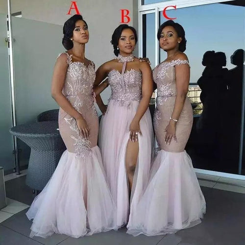 Long Sexy African Mermaid Pink Bridemaid Dresses 2020 Lace Appliqued Tulle Prom Dresses Wedding Party Gowns Wedding Guest Dress