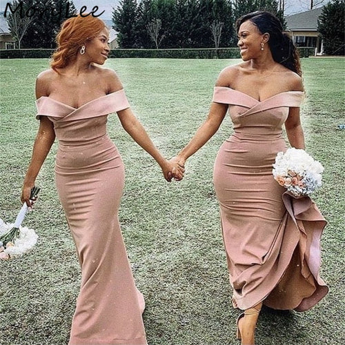 Bridesmaid Dresses Champagne Off The Shoulder Spandex Satin Mermaid Bridesmaid Dresses Zipper Back Wedding Party Bridemaid Gowns