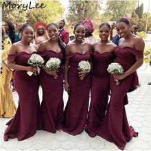 Load image into Gallery viewer, Burgundy Bridesmaid Dresses Sweetheart Floor Length Sweep Train Zipper Silk Satin Pleated Bow Wedding Party Bridemaid Dresses