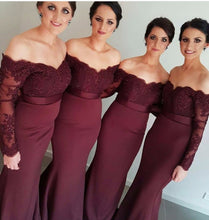 Load image into Gallery viewer, Long Sleeves Off The Shoulder Mermaid Burgundy Bridemaid Dresses 2020 African Appliqued Lace Prom Dress Wedding Party Gowns