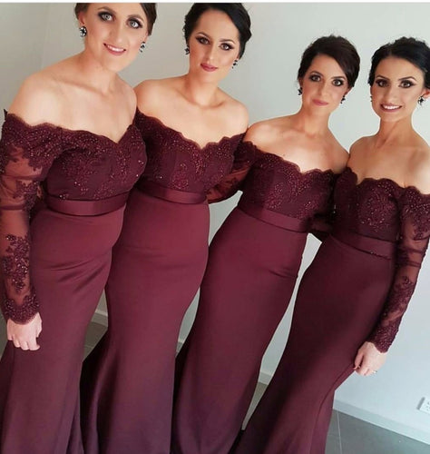 Long Sleeves Off The Shoulder Mermaid Burgundy Bridemaid Dresses 2020 African Appliqued Lace Prom Dress Wedding Party Gowns