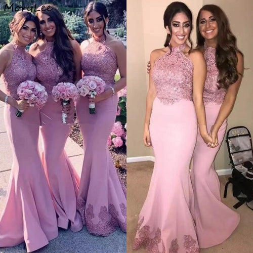 Lace Bridesmaid Dresses Halter Silk Satin Sweep Train Lace Crystal Bridesmaid Dresses Wedding Party Bridemaid Gowns With Zipper