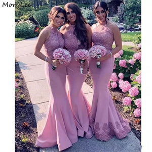 Lace Bridesmaid Dresses Halter Silk Satin Sweep Train Lace Crystal Bridesmaid Dresses Wedding Party Bridemaid Gowns With Zipper