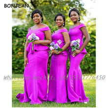 Load image into Gallery viewer, Purple Mermaid Bridesmaid Dresses Off-The-Shoulder South African Sleeves Bridemaid Dress for Wedding Party Dress