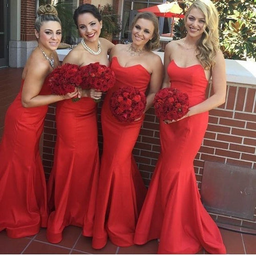 Cheap Simple Red Mermaid Bridemaid Dresses Satin Floor Length Sweetheart  Wedding Guest Dress Maid of Honor Gowns Plus Size