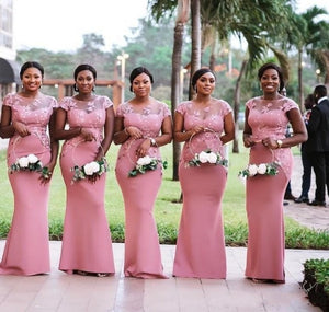 African Sheer Neck Pink Mermaid Bridemaid Dresses Lace Appliqued Formal Party Wedding Guest Dress Maid of Honor Gowns